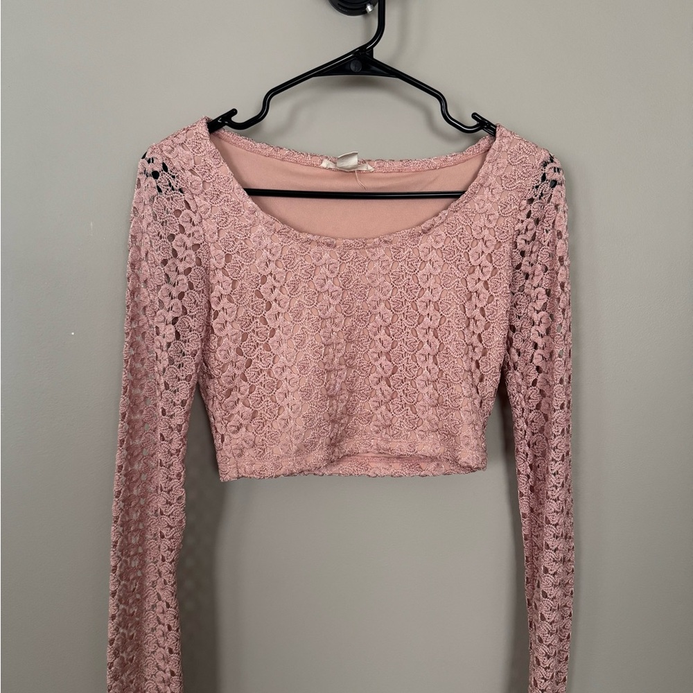 Forever 21 Pink Long Sleeve Fitted Crop Blouse
